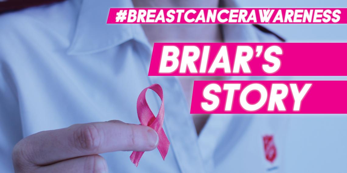 Breast Cancer Awareness header with woman holding pink ribbon