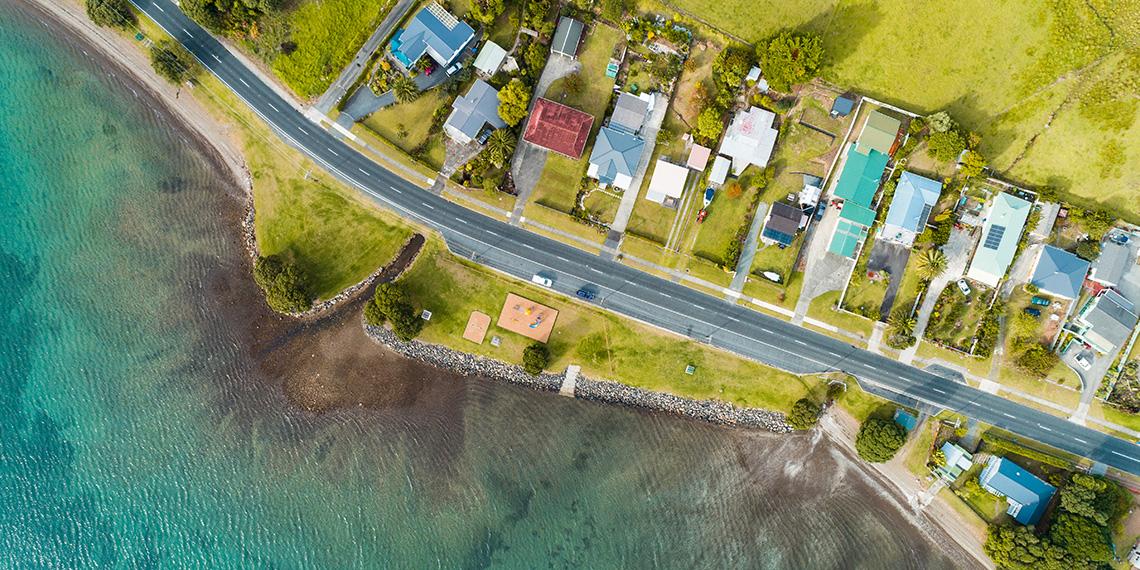 Aerial view of small town NZ coastline