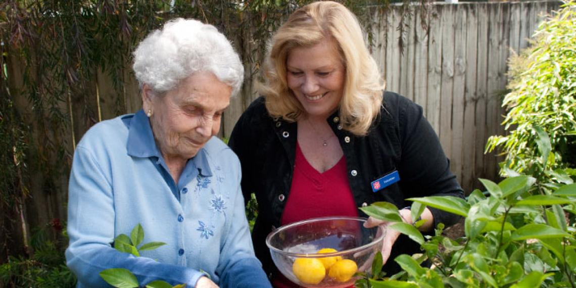 A seniors volunteer with a senior person