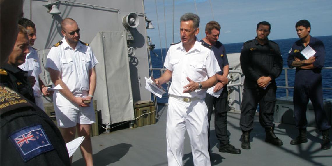 Padre Colin Mason on board a Royal New Zealand navy vessel
