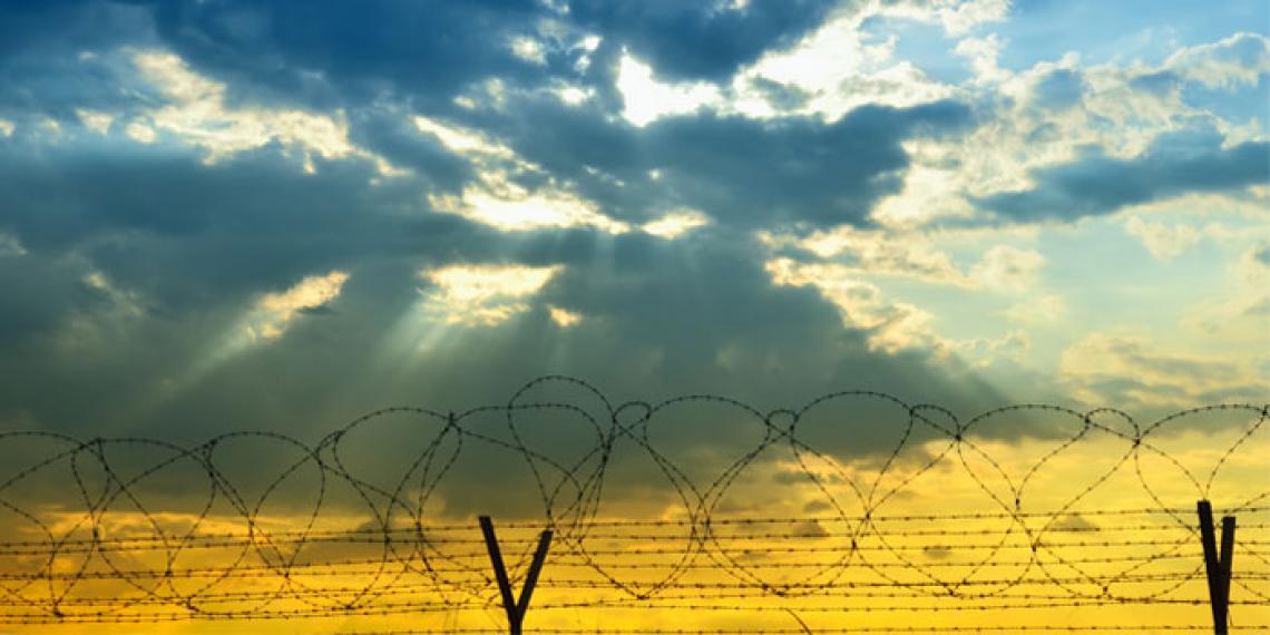 a barbed wire fence with sunlight behind it